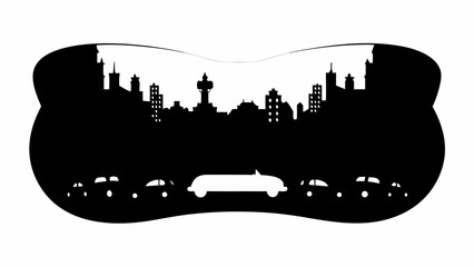 Poster - Silhouette of a cityscape with buildings and a tower, and cars driving on the road, all in black and white