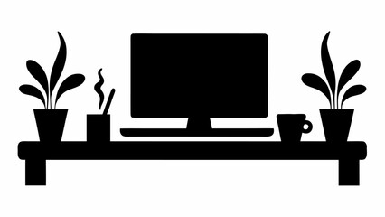 Fototapete - Silhouette of a desk with a computer monitor plants mug and pen holder in a minimalist design style