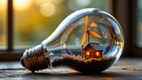 transparent bulb containing two miniature wind turbines, inside, a cozy wooden hut sits nestled amongst stylized blades, gently illuminated, wide angle perspective