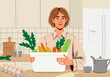 © Westend61 - Illustration of a person in a kitchen holding a basket of fresh vegetables, emphasizing healthy eating and lifestyle.
