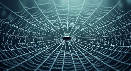 Poster - Dew-covered spiderweb, intricate radial design, showcasing natural beauty and delicate structure, symbolic of patience, resilience, and the interconnectedness of life