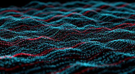 Poster - Abstract image of blue and red particles forming wavy patterns on black background, suggesting data flow or digital landscape, ideal for technology concepts