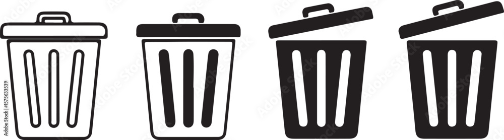 Black and white vector icon set of office tools and trash cans, perfect for symbolizing delete, recycle, or waste management