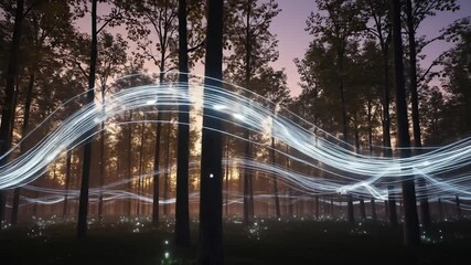 Poster - Forest Scene with Glowing Light Trails and Trees at Dusk, Serene Nature Video