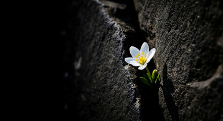 Poster - White flower blooming through dark rock crevice, showcasing resilience and life's tenacity, ideal for nature or perseverance concepts
