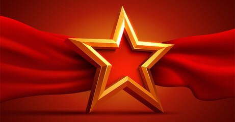 Wall Mural - Award ceremony background and 3d gold star with red silk ribbon decoration. Vector illustration