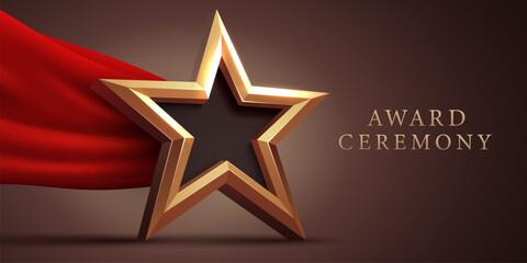 Wall Mural - Award ceremony background and 3d gold star with red silk ribbon decoration. Vector illustration