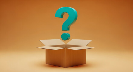 Poster - Open cardboard box with teal question mark above, set against orange background, symbolizing curiosity, uncertainty, or the unknown, ideal for problem-solving or mystery concepts