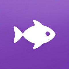 Aufkleber - Simple white fish icon with rounded body, triangular tail fin, small side fins, and circular eye, centered on solid purple background, minimalistic design.