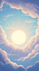 Poster - Soft pastel clouds surround a bright sun, creating a serene and hopeful sky scene, ideal for peaceful or inspirational concepts