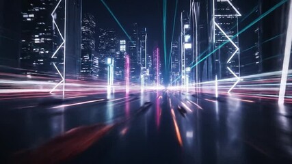 Poster - Futuristic Cityscape with Neon Light Trails and Modern Architectural Design