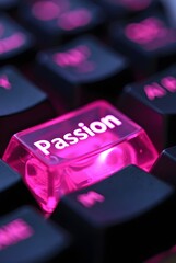Poster - A glowing pink key displaying the word Passion on a dark keyboard, vertical composition. The vibrant color and closeup perspective highlight the concept of online passion.