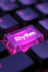 Poster - Glowing pink key with the word Rhythm on a dark keyboard, vertical composition. A vibrant image showcasing digital artistry and technological aesthetics.