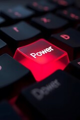 Poster - A glowing red Power key on a dark keyboard, vertical composition. This striking image showcases digital power and technology in a dramatic, closeup perspective.