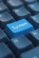 Poster - Closeup of a blue system key on a dark keyboard, vertical composition. A vibrant image ideal for technology, software and computing related projects.