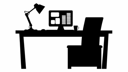 Fototapete - Silhouette of a desk with a computer monitor lamp chair and mug creating a workspace scene in black