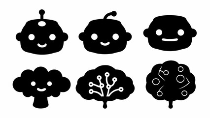 Poster - Illustration of three robot heads and three tree icons with different designs in a black and white style