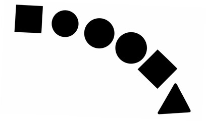 Poster - Black geometric shapes arranged in an arc pattern including circles squares and a triangle on white background