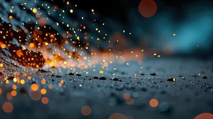Poster - Abstract glowing orange particles scattered across a dark textured surface, creating a vivid sense of energy and motion