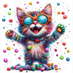  Funny crazy cartoon party cat with bright candies, isolated over a white background, a joyful greeting card for birthdays or other festive occasions. Created with, Generative AI