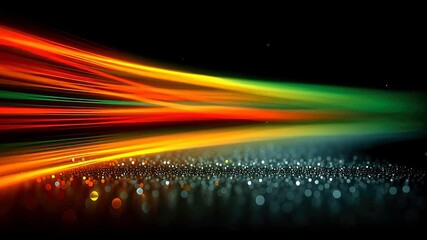 Poster - Dynamic neon streaks of red, yellow, and green light stretching over a dark, textured surface, symbolizing digital speed and data flow