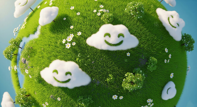 Smiling clouds hover over lush green grass and daisies on a miniature planet, symbolizing happiness, nature, and positive emotions