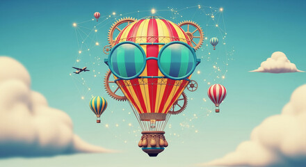 Poster - Stylized hot air balloon with goggles, gears, and smaller balloons in a whimsical sky scene, symbolizing adventure, travel, and interconnectedness