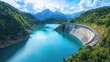 © Roshan - Dam structure holding large blue water reservoir, clean hydroelectric power and environmental water management scene