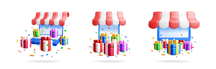 Poster - Stock 3d vector illustration set collection with online shop, gift box, present and celebration confetti for commerce.