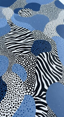 Poster - Abstract artwork featuring blue, black, white polka dots and zebra stripes, creating a dynamic and textured pattern, showcasing a modern and artistic design suitable for various applications
