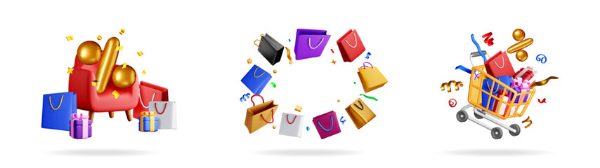 Poster - 3D vector illustration set of shopping bags, present boxes, shopping cart and percentage symbol. E-commerce concept for sale.