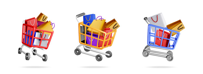 Poster - Three colorful shopping carts full of paper bags represent online commerce and retail sales. 3d realistic design for e-commerce or discount ad.