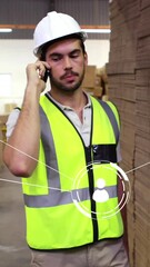Poster - Animation of network of conncetions over caucasian male worker using smartphone in warehouse