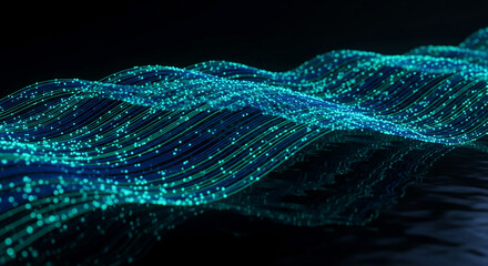 Poster - Abstract image of teal and blue glowing lines forming waves, creating a dynamic and technological feel, suitable for digital or tech-related concepts