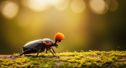 Aufkleber - Black beetle with orange headpiece on mossy surface, bathed in warm sunlight, showcasing nature's intricate detail and vibrant colors