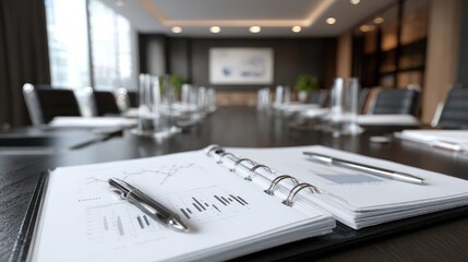 Poster - Conference table with open planners, financial graphs, and stylus pens ready for use