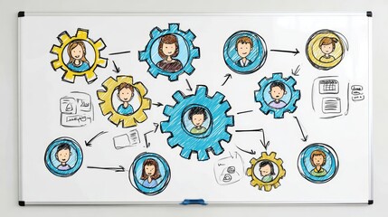 Poster - Gear system illustration on whiteboard showing interconnected roles in teamwork