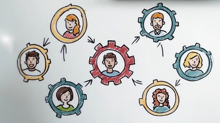 Poster - Gear system illustration on whiteboard showing interconnected roles in teamwork