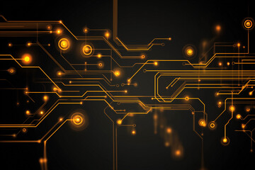 Fototapete - A black and orange background with many small circles and lines