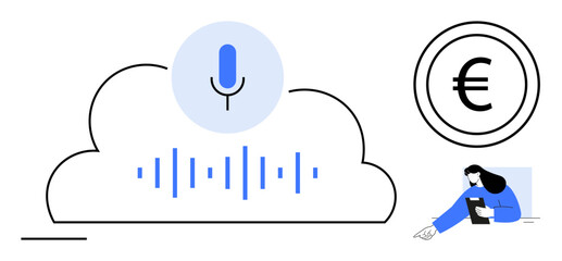 Poster - Voice microphone icon, sound waves in a cloud, euro currency sign, and a seated user interacting. Ideal for voice tech, fintech, cloud computing, AI, user interaction e-commerce simple landing page