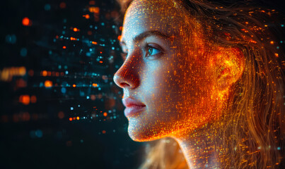 Poster - Profile of young woman with digital futuristic orange and blue light particles overlay representing artificial intelligence and technology innovation concept