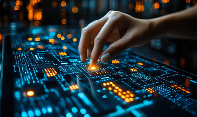 Poster - Hand interacting with futuristic digital control panel illuminated with blue and orange lights in high tech environment concept for advanced technology and innovation