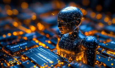 Poster - Futuristic robot figure embedded in glowing electronic circuit board representing artificial intelligence and advanced technology integration concept