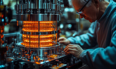 Poster - Scientist working on glowing quantum computer processor with complex machinery in high-tech laboratory environment