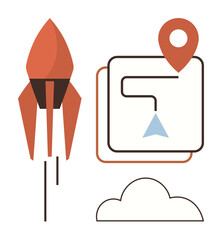 Poster - Rocket soaring upward, navigation pin highlighting direction, cloud representing aspirations. Ideal for innovation, startups, goals, strategy, growth, exploration vision simple flat metaphor