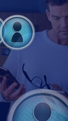 Poster - Animation of people icons over diverse colleagues with tablets talking at casual office