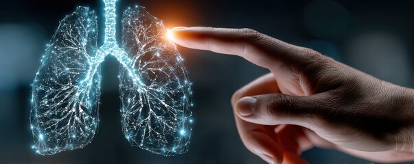 Aufkleber - Hand pointing towards glowing digital lungs representing advanced medical technology