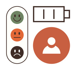 Poster - happy faces for feedback, battery icon indicating energy levels, and person icon. Ideal for productivity, feedback, user experience, energy, satisfaction engagement evaluation. A simple flat