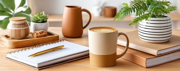 Poster - Cozy workspace with coffee, notebook, pen, and decorative plants on wooden desk