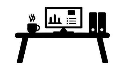 Fototapete - Black and white office desk setup with computer monitor files and a cup of coffee icon style